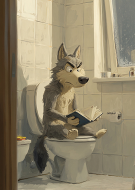 Wolf Reading on Toilet