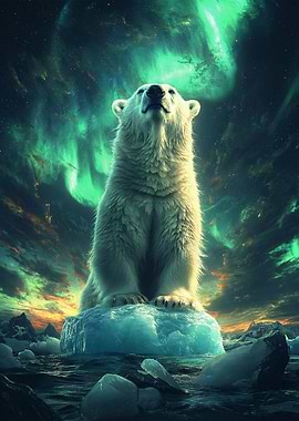Polar Bear Under Aurora Borealis