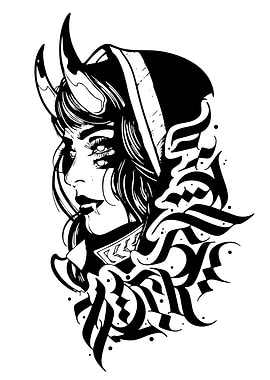 Demon Girl with Calligraphy Art