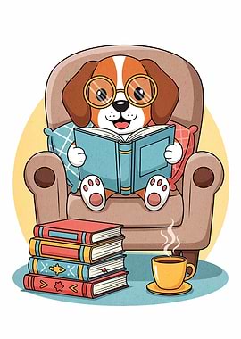Cartoon Dog Reading Book in Armchair