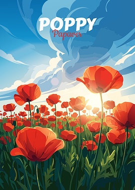 Poppy Field Under Blue Sky