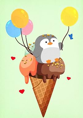 Penguin on Ice Cream with Balloons