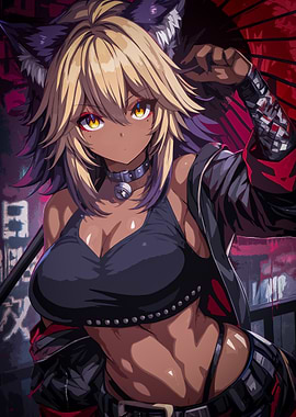 Blonde Anime Wolf Girl with Umbrella