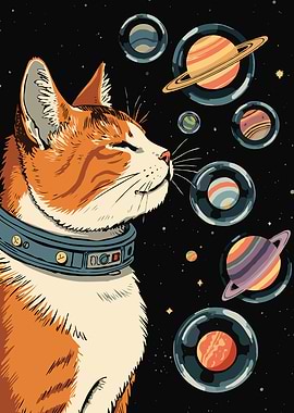 Astronaut Cat with Planets