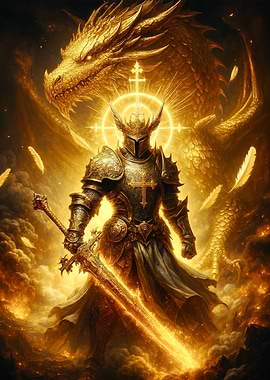 Golden Knight and Dragon Fantasy Art