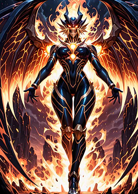 Winged Demon Warrior in Fiery Landscape