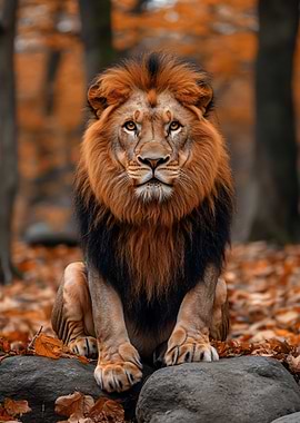 Majestic Lion Portrait in Autumn Setting