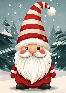 Cartoon Santa Gnome in Winter Scene