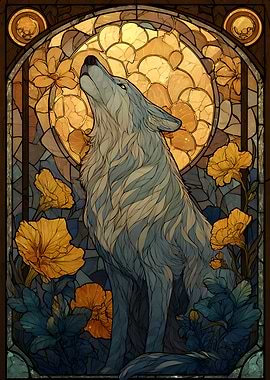 Stained Glass Wolf Howling at Moon