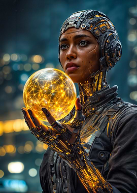 Cyberpunk Woman Holding Glowing Orb