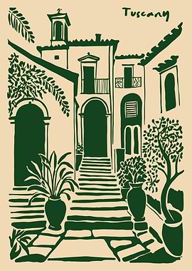 Tuscany Illustration with Green and Beige