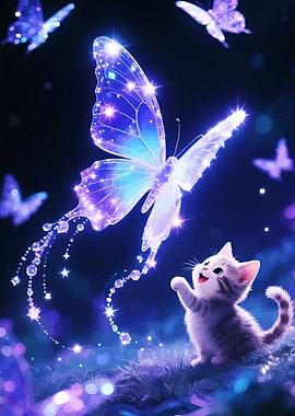 Kitten and Sparkling Butterflies