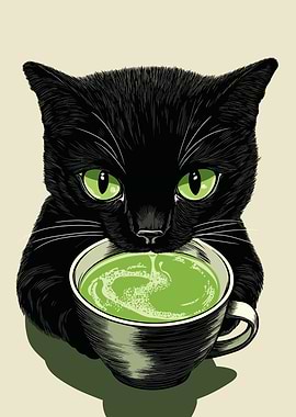 Black Cat drinking Matcha Tea