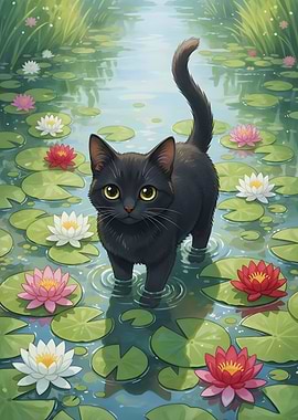Cute black cat in lily pond