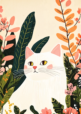 White Cat in Floral Garden