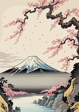 Vintage Cherry Blomssom Mount Fuji