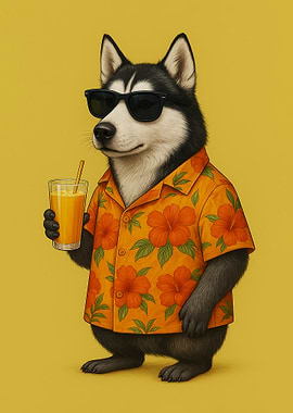 Husky in Hawaiian shirt with drink