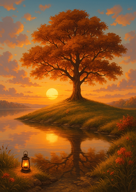 Autumn Tree Sunset by the Lake
