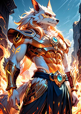 Armored Wolf Warrior in Fiery Landscape