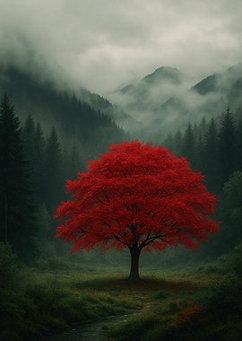 Red Tree in Misty Forest