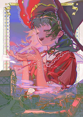 Whimsical Witch Blowing Birds Over Town