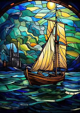 Stained Glass Sailboat at Sea