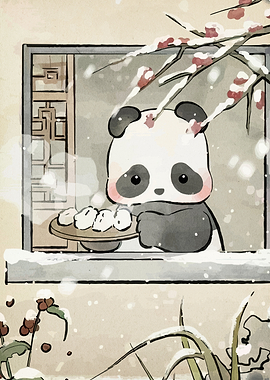 Cute Panda with Dumplings in Winter
