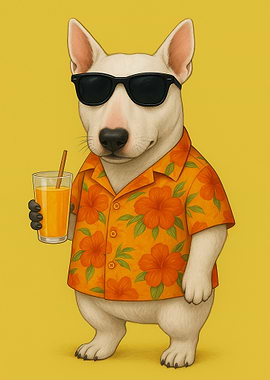 Dog in Hawaiian shirt with drink