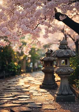 Cherry Blossoms and Stone Lanterns