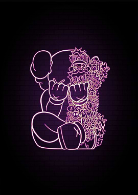 Neon Kaws Doodle Art on Brick