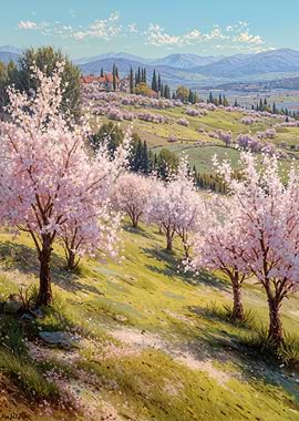 Hilly Landscape Blossom Trees