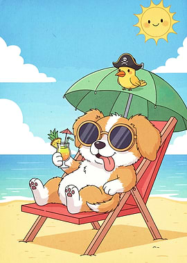 Dog on Beach with Cocktail