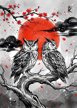 Two Owls Japanese Art