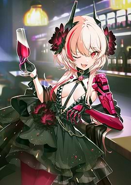 Anime Girl with Wine in Bar