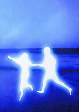 Glowing Figures on Blue Landscape