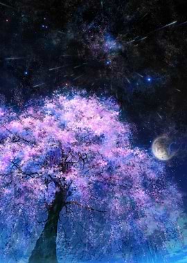 Cherry Blossom Tree Under Starry Sky