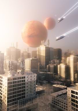 Futuristic Cityscape with Planets and Spaceships