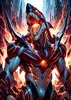 Cybernetic Shark Warrior in Fiery Cityscape