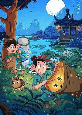 Children Catching Fireflies at Night