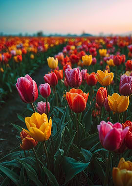 Colorful Tulip Field at Sunset
