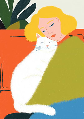 Woman and Cat Napping Together