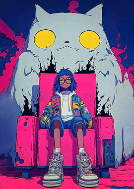 Girl on Throne with Giant Cat