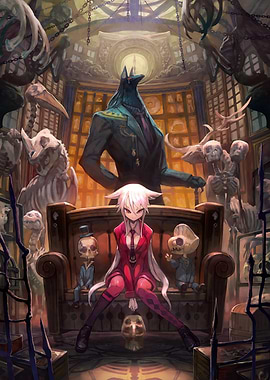 Anime Girl with Anubis and Skeletons