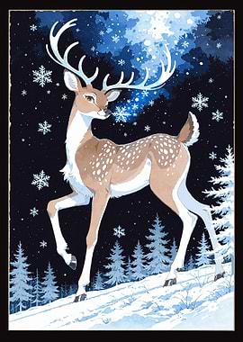 Watercolor Deer in Winter Wonderland