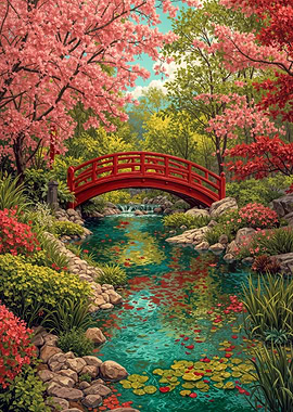 Garden with Red Bridge