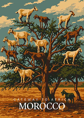 Goats in Argan Tree, Morocco Vintage Illustration