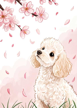 Poodle and Cherry Blossoms