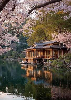 House On Cherry Blossoms Lake