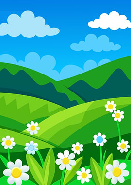 Serene Rolling Green Hills Landscape with Daisies and Bright Blue Sky Metal Wall Print Art