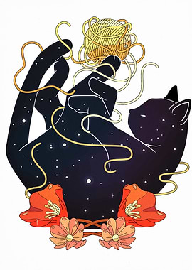 Cosmic Cat with Yarn and Flowers